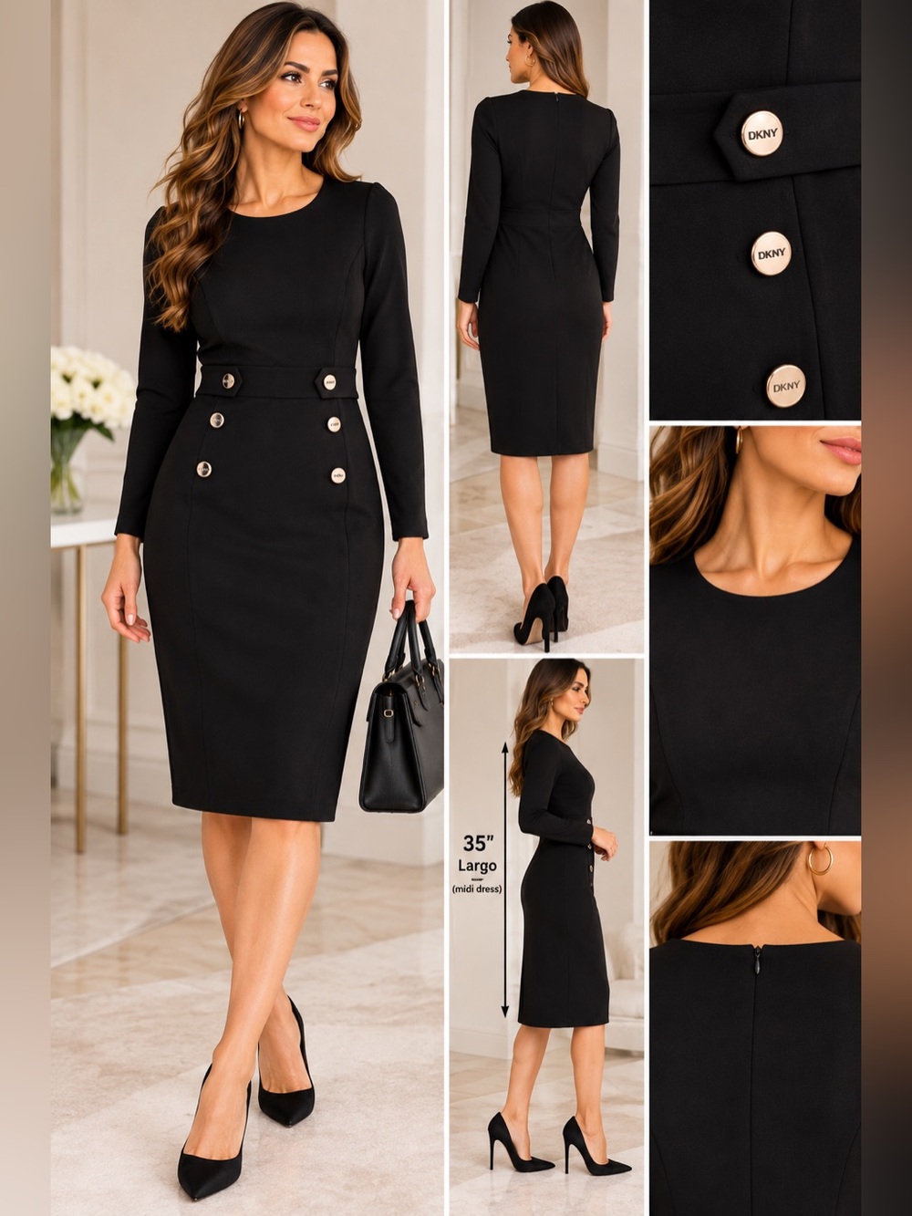 DKNY Black Long-Sleeve Midi Sheath Dress with Branded Button Detail